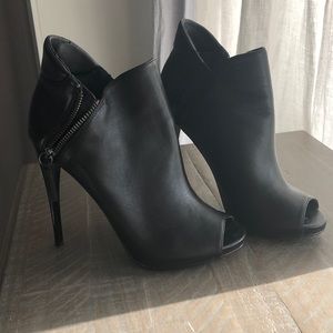 Black leather peep toe booties